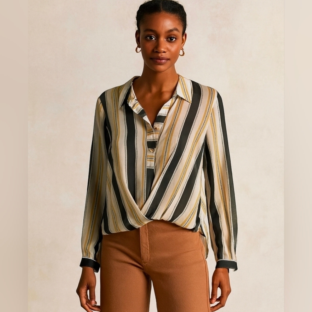 CAbi Style #4339 Caliber Long Sleeve Blouse Ivory Gold Dark Gray Collared Sz MED